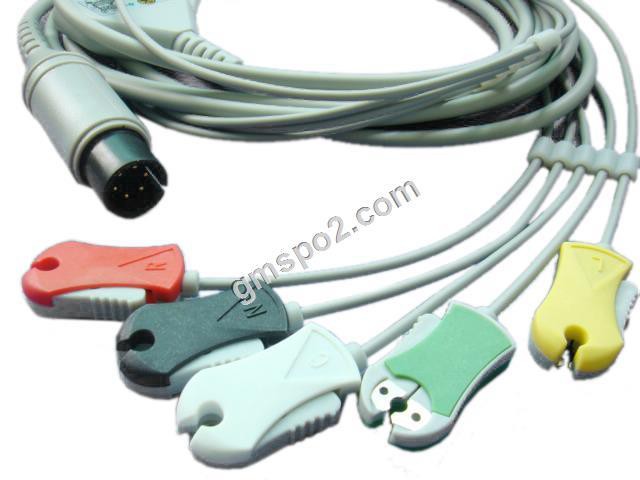 One Piece ECG Cable with 5-Ld , TPU, IEC, Clip, 12ft & 180º Straight Connector ,6PIN